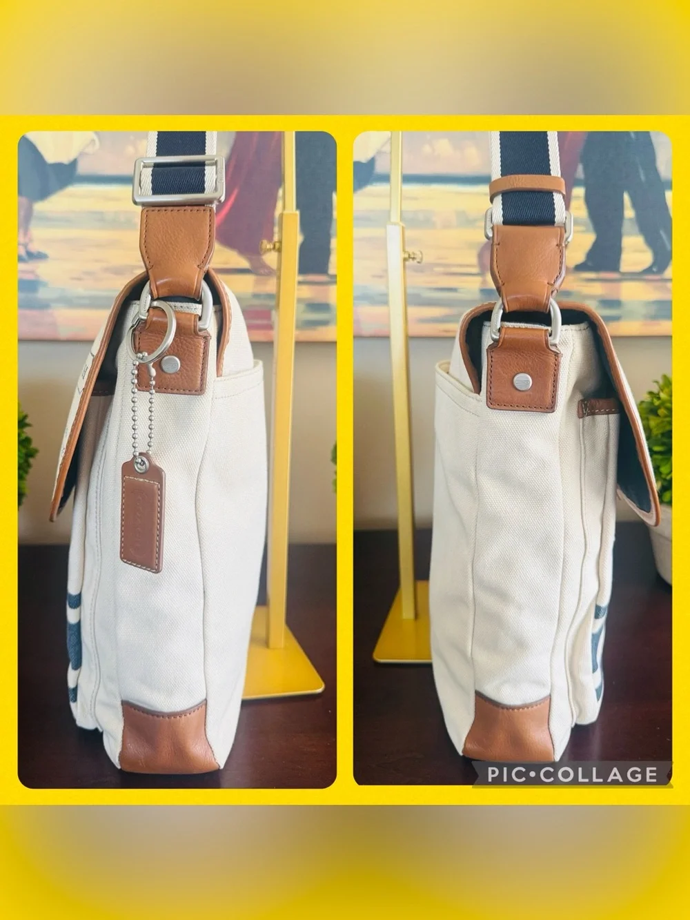 COACH F70627 CREAM AND NAVY CANVAS TAN LEATHER TRIM UNISEX MESSENGER BAG 🌟EUC🌟